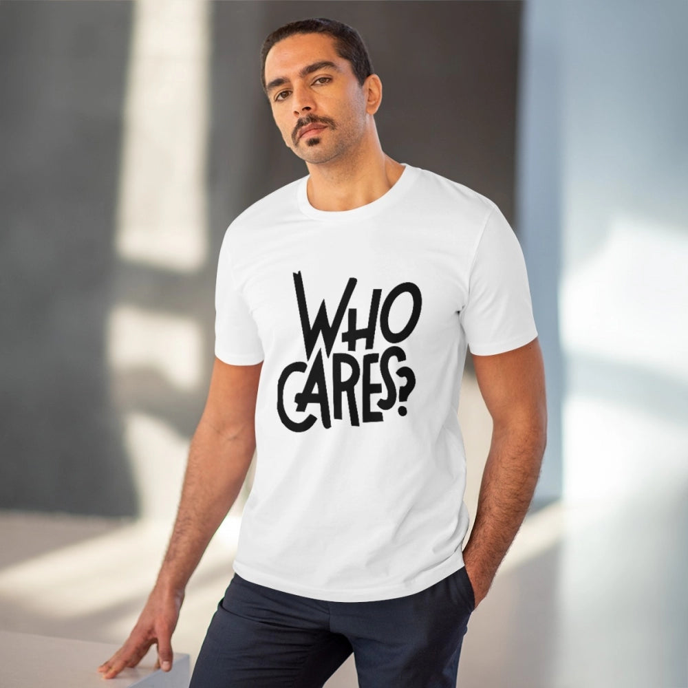 Men's PC Cotton Who Cares Printed T Shirt (Color: White, Thread Count: 180GSM)