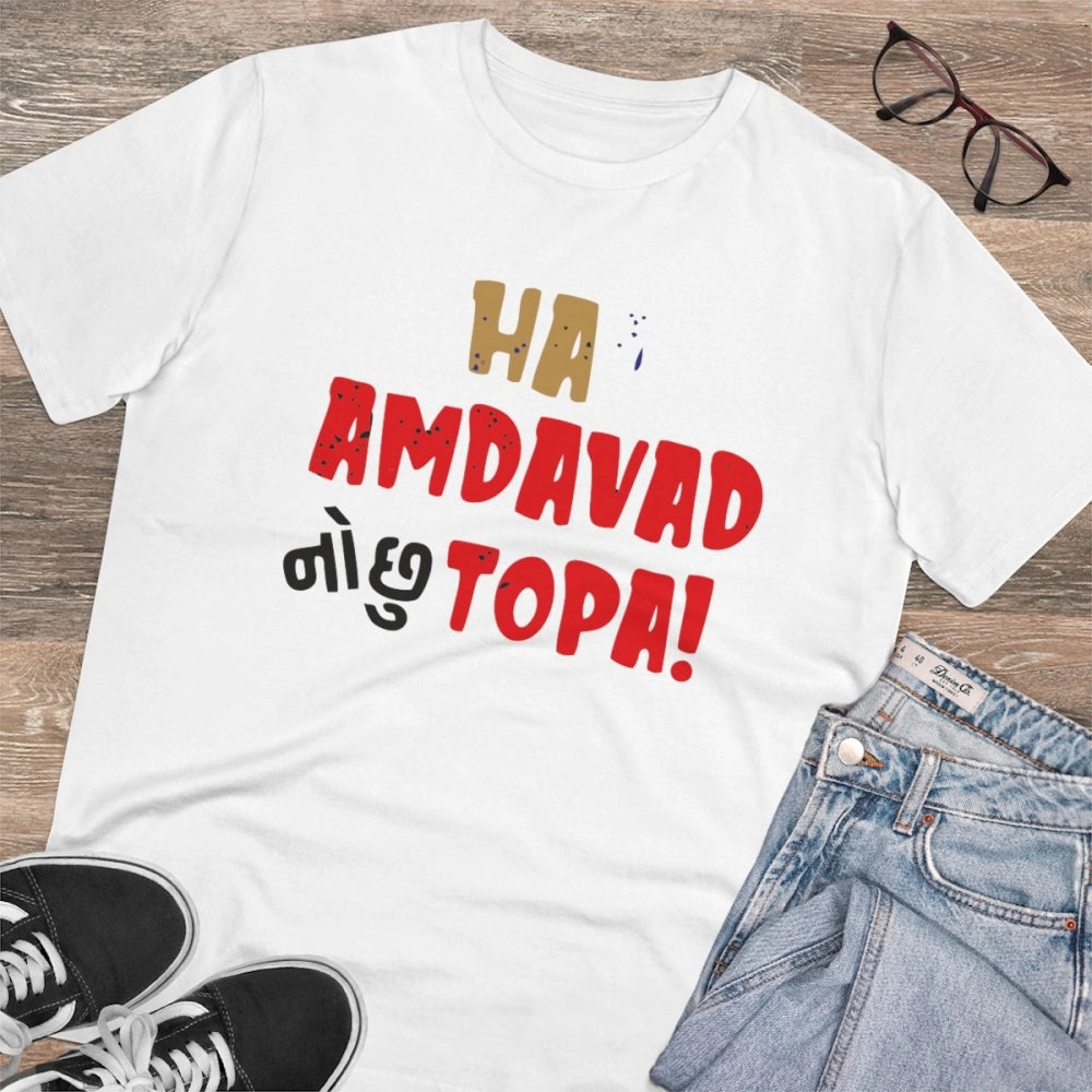 Men's PC Cotton Ha Amdavad No Chu Topa Printed T Shirt (Color: White, Thread Count: 180GSM)