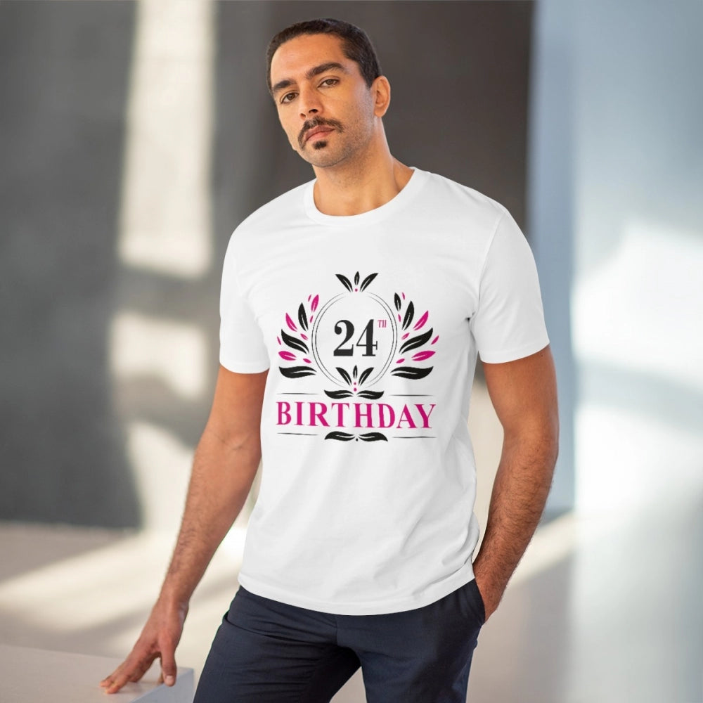 Men's PC Cotton 24th Birthday Printed T Shirt (Color: White, Thread Count: 180GSM)