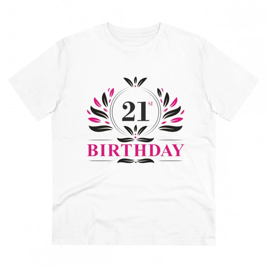 Men's PC Cotton 21st Birthday Printed T Shirt (Color: White, Thread Count: 180GSM)