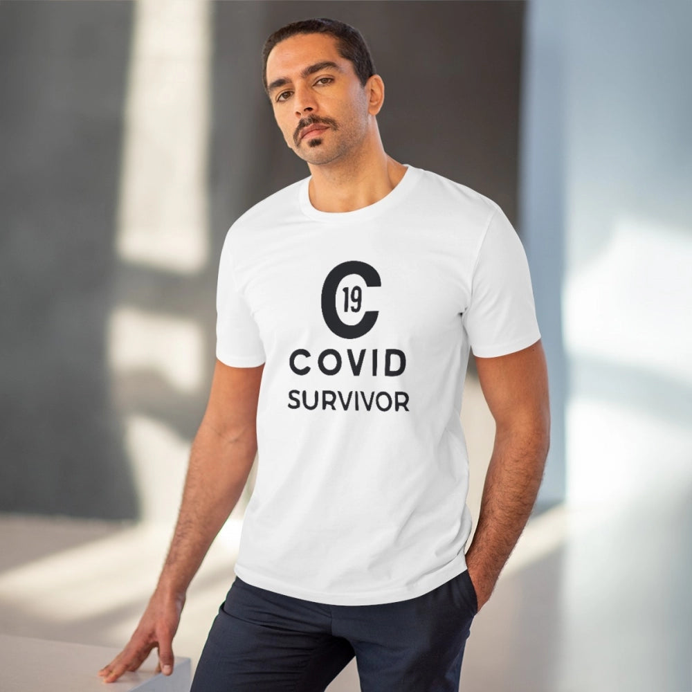 Men's PC Cotton Covid 19 Survivor Printed T Shirt (Color: White, Thread Count: 180GSM)