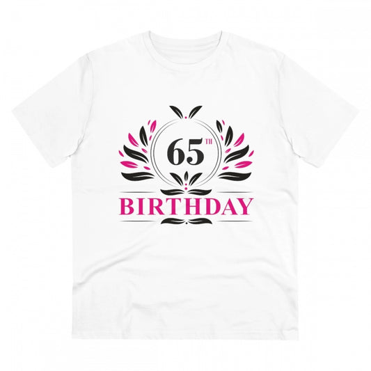 Men's PC Cotton 65th Birthday Printed T Shirt (Color: White, Thread Count: 180GSM)