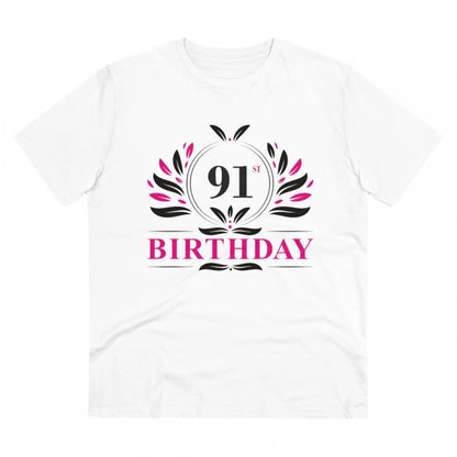 Men's PC Cotton 91st Birthday Printed T Shirt (Color: White, Thread Count: 180GSM)