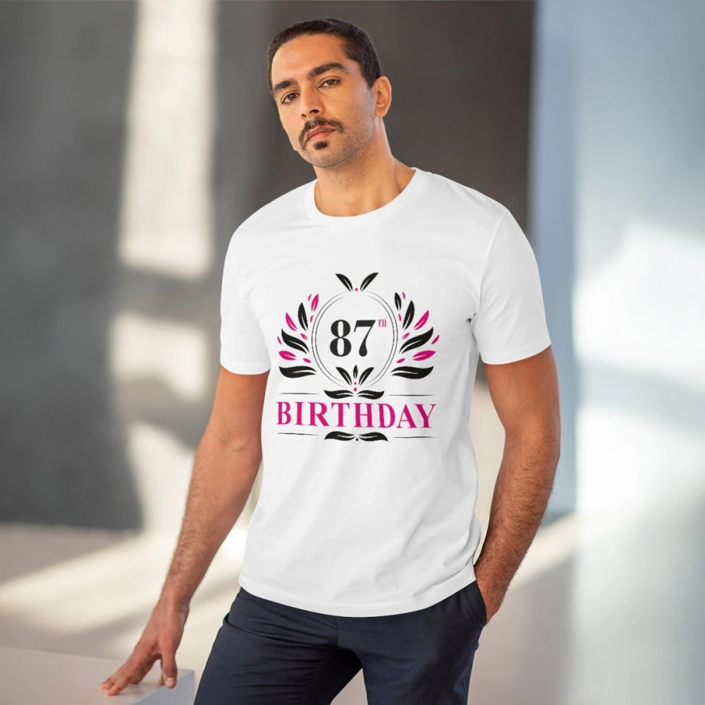 Men's PC Cotton 87th Birthday Printed T Shirt (Color: White, Thread Count: 180GSM)