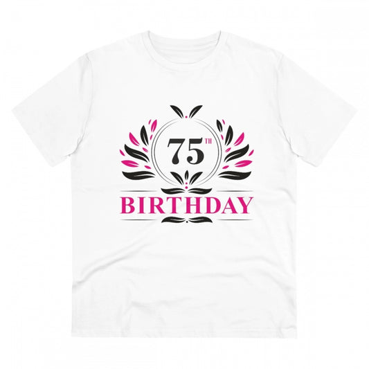 Men's PC Cotton 75th Birthday Printed T Shirt (Color: White, Thread Count: 180GSM)