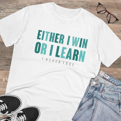 Men's PC Cotton Either I Win Or I Learn Printed T Shirt (Color: White, Thread Count: 180GSM)
