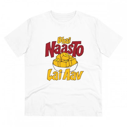 Men's PC Cotton Bhai Nasto Lai Aav Printed T Shirt (Color: White, Thread Count: 180GSM)