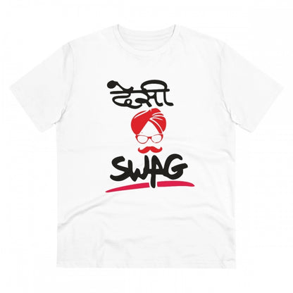 Men's PC Cotton Desi Swag Printed T Shirt (Color: White, Thread Count: 180GSM)