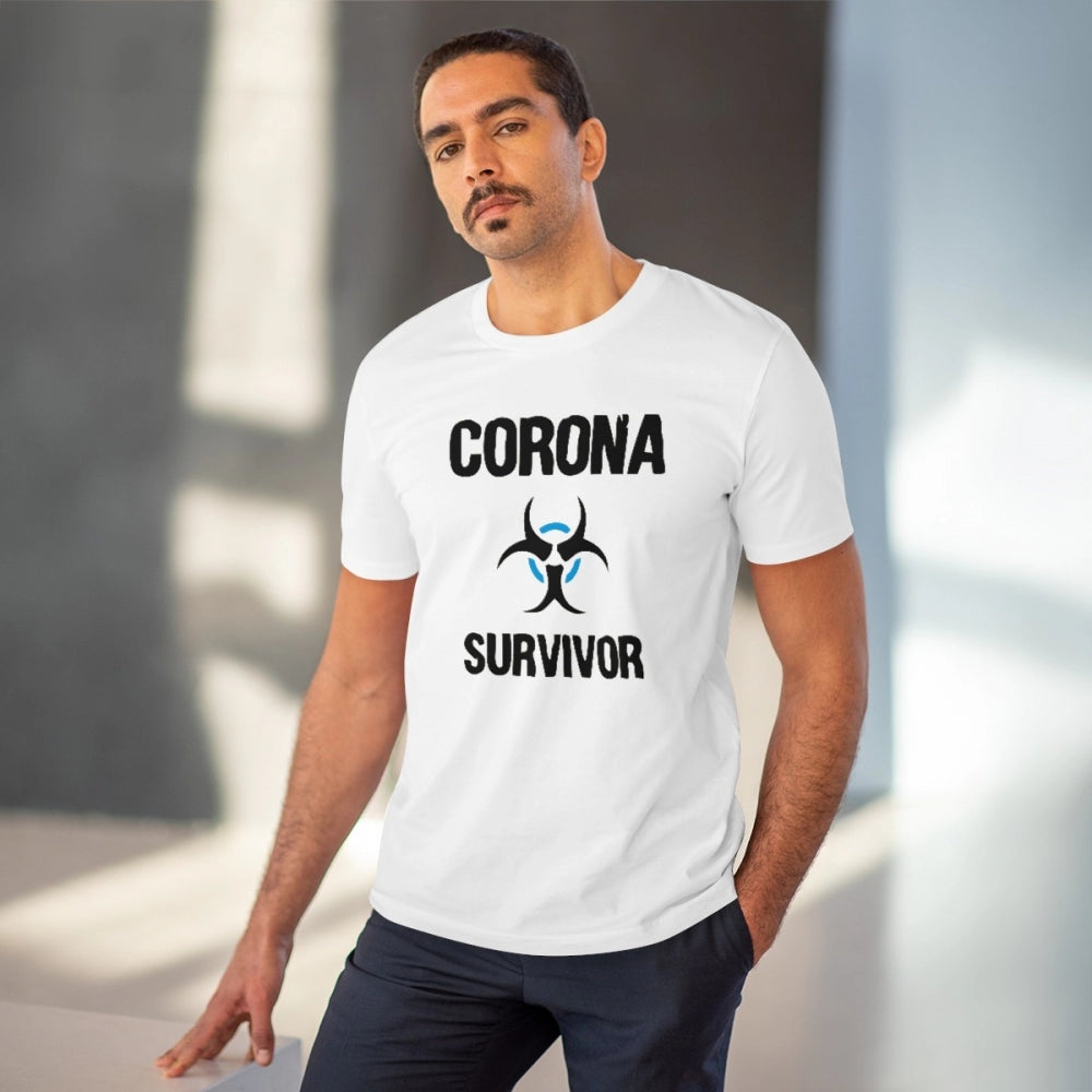Men's PC Cotton Corona Survivor Printed T Shirt (Color: White, Thread Count: 180GSM)