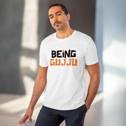 Men's PC Cotton Being Gujju Printed T Shirt (Color: White, Thread Count: 180GSM)