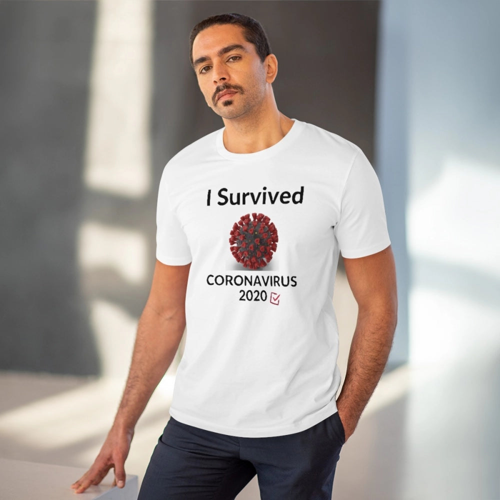 Men's PC Cotton I Survived Corornavirus 2020 Printed T Shirt (Color: White, Thread Count: 180GSM)
