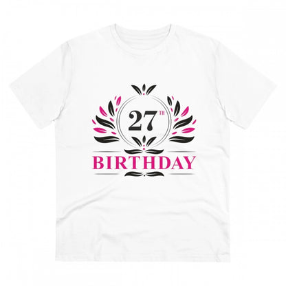 Men's PC Cotton 27th Birthday Printed T Shirt (Color: White, Thread Count: 180GSM)