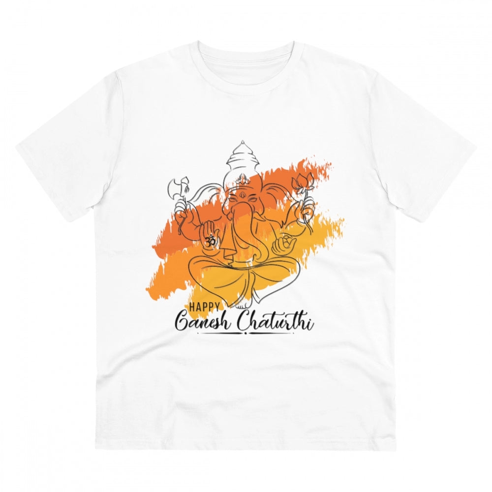 Men's PC Cotton Ganesh Printed T Shirt (Color: White, Thread Count: 180GSM)