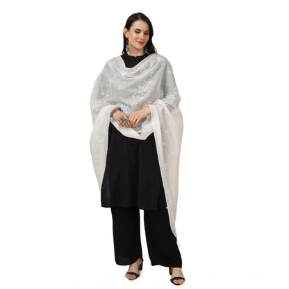 Women's Cotton Embroidered Dupatta (White, Length: 2.25 to 2.50 Mtr)