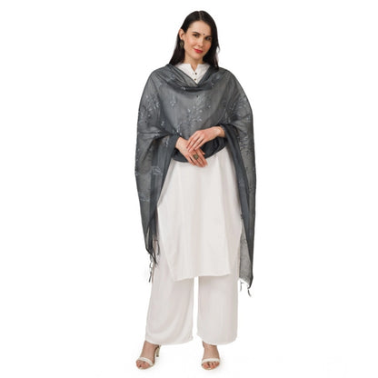 Women's Cotton Embroidered Dupatta (Grey, Length: 2.25 to 2.50 Mtr)