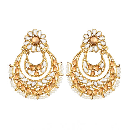 Women's Rose Gold Plated Alloy Kundan Earrings &amp; Mangtikka (White &amp; Gold)