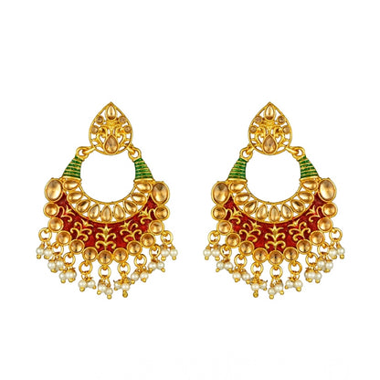 Women's Rose Gold Plated Alloy Kundan Earrings &amp; Mangtikka (Red &amp; Green)