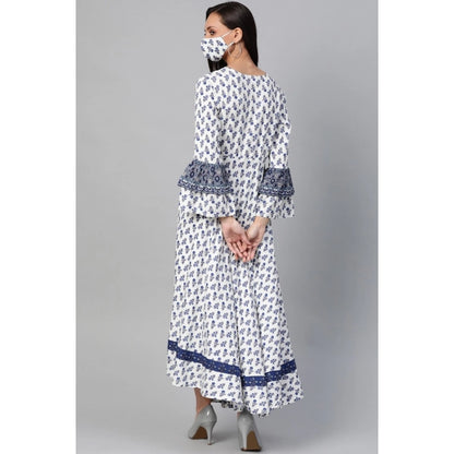 Women's Casual Bell Sleeve Floral Printed Rayon Dress (White &amp; Blue)