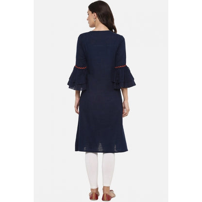 Women's Casual Bell Sleeves Solid Cotton Slub Kurti (Blue)