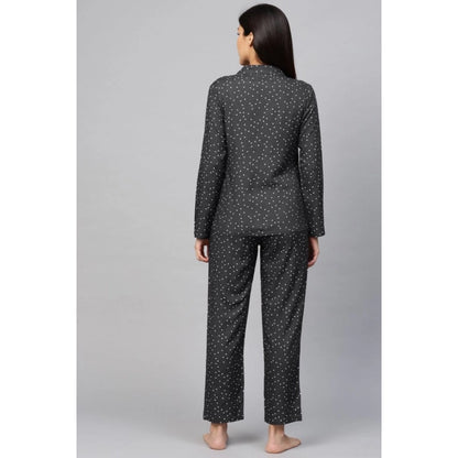 Women's Casual Full Sleeves Polka Dot Printed Rayon Shirt With Pyjama Pant Night Suit Set (Grey)