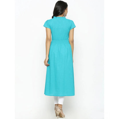 Women's Casual Short Sleeve Embroidery Cotton Slub Kurti (Torque Green)
