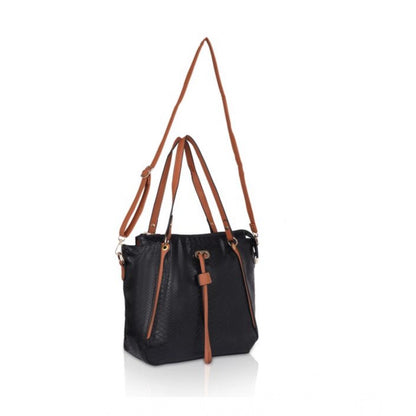 Women's Faux Leather Textured Tote Bag (Black)