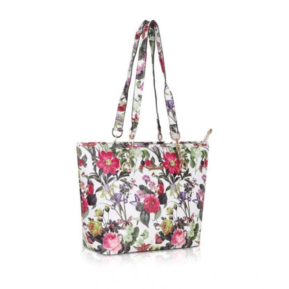 Women's Faux Leather Printed Tote Bag (White Pink)