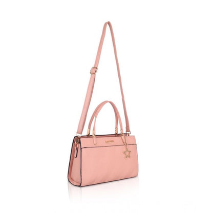 Women's Faux Leather Textured Adjustable Long Belt Handbag (Pink)