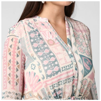 Women's Polyester Printed Long Sleeves Above Knee Dress (Light Pink - Off White)