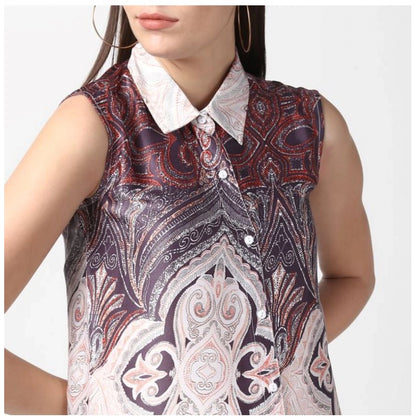 Women's Polyester Printed Sleeveless Above Knee Dress (Orange)