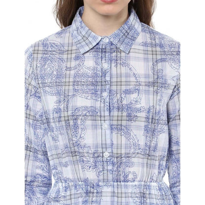 Women's Cotton Checkered Roll Up Sleeve Above Knee Dress (Blue)