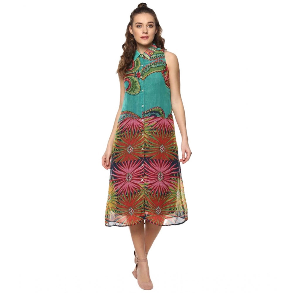 Women's Polyester Floral Sleeveless Below Knee Dress (Multicolor)