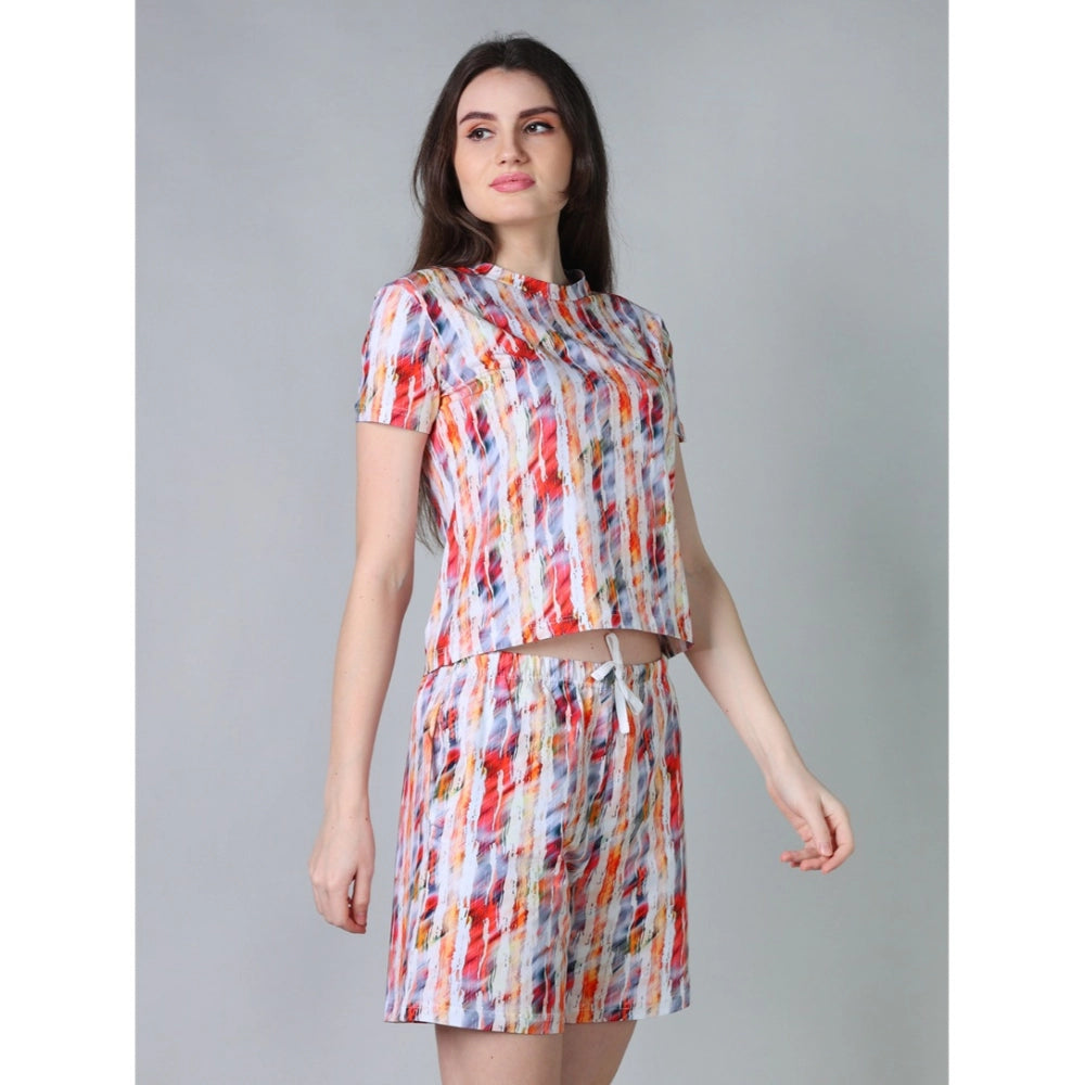 Women's Cotton Blended Printed Round Neck Half Sleeve Top - Shorts Set (Red)