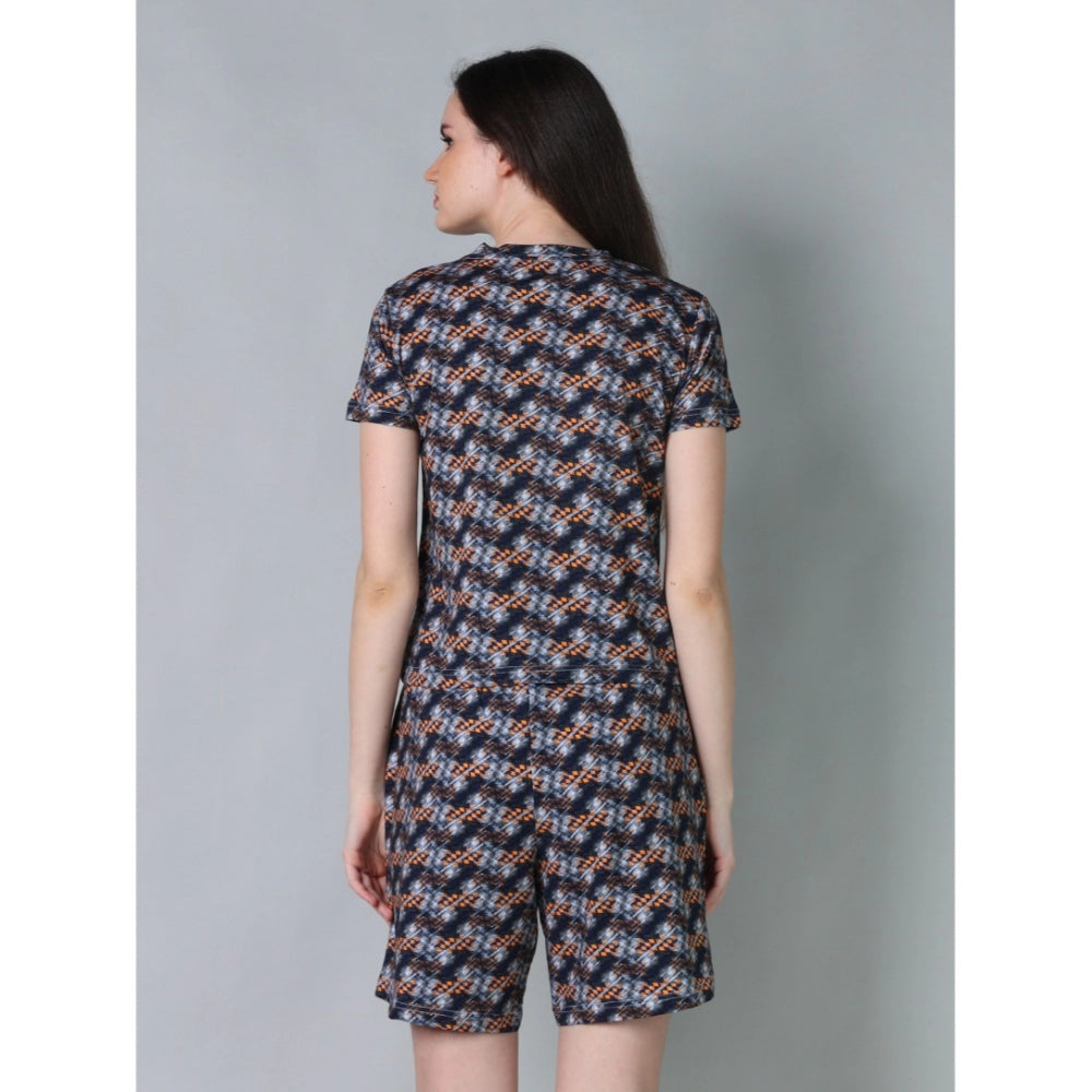 Women's Cotton Blended Printed Round Neck Half Sleeve Top - Shorts Set (Blue-Brown)