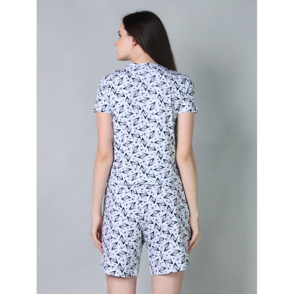 Women's Cotton Blended Printed Round Neck Half Sleeve Top - Shorts Set (White-Black)