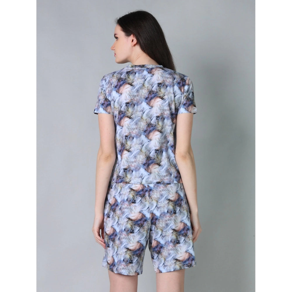 Women's Cotton Blended Printed Round Neck Half Sleeve Top - Shorts Set (Blue-Peach)