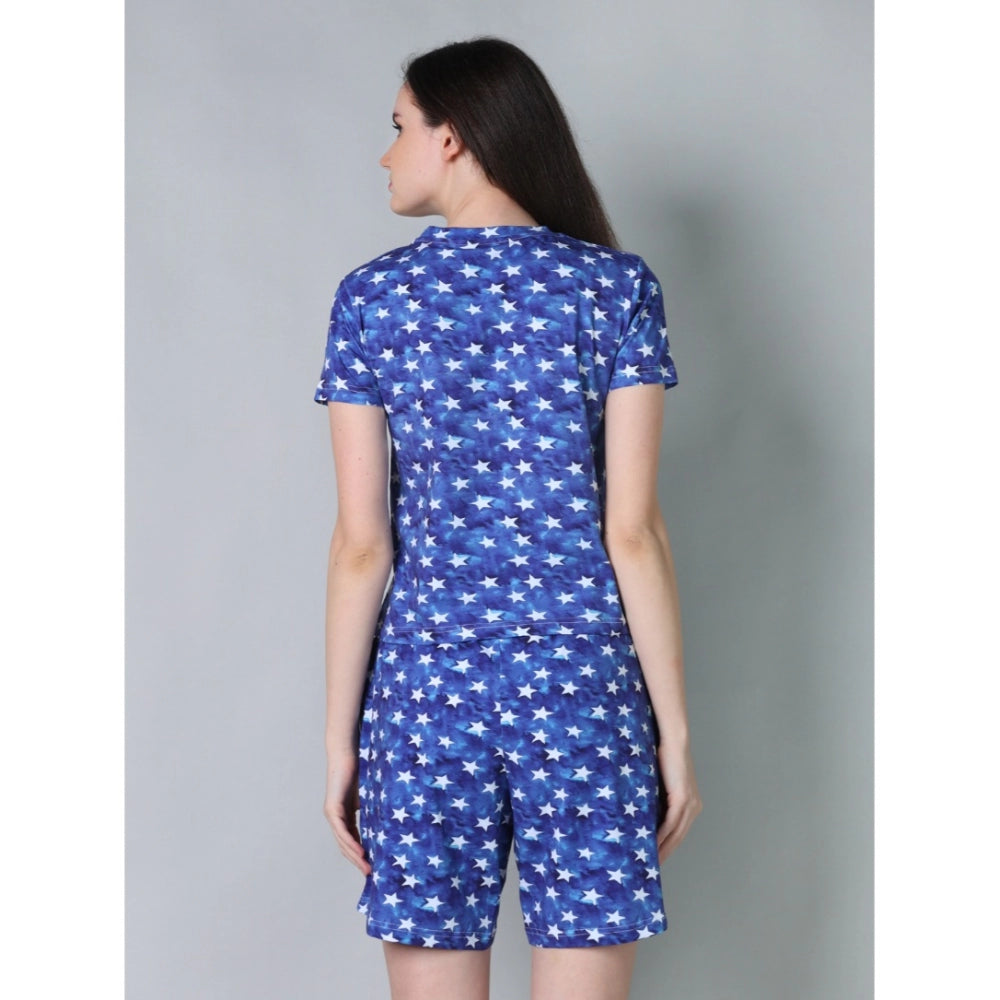 Women's Cotton Blended Printed Round Neck Half Sleeve Top - Shorts Set (Blue)