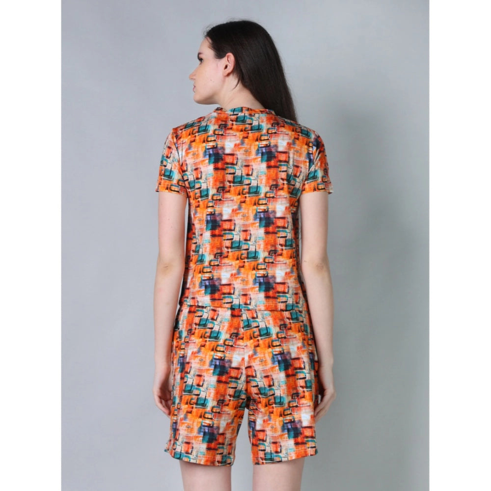 Women's Cotton Blended Printed Round Neck Half Sleeve Top - Shorts Set (Orange)