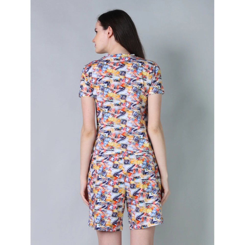 Women's Cotton Blended Printed Round Neck Half Sleeve Top - Shorts Set (Multicolor)
