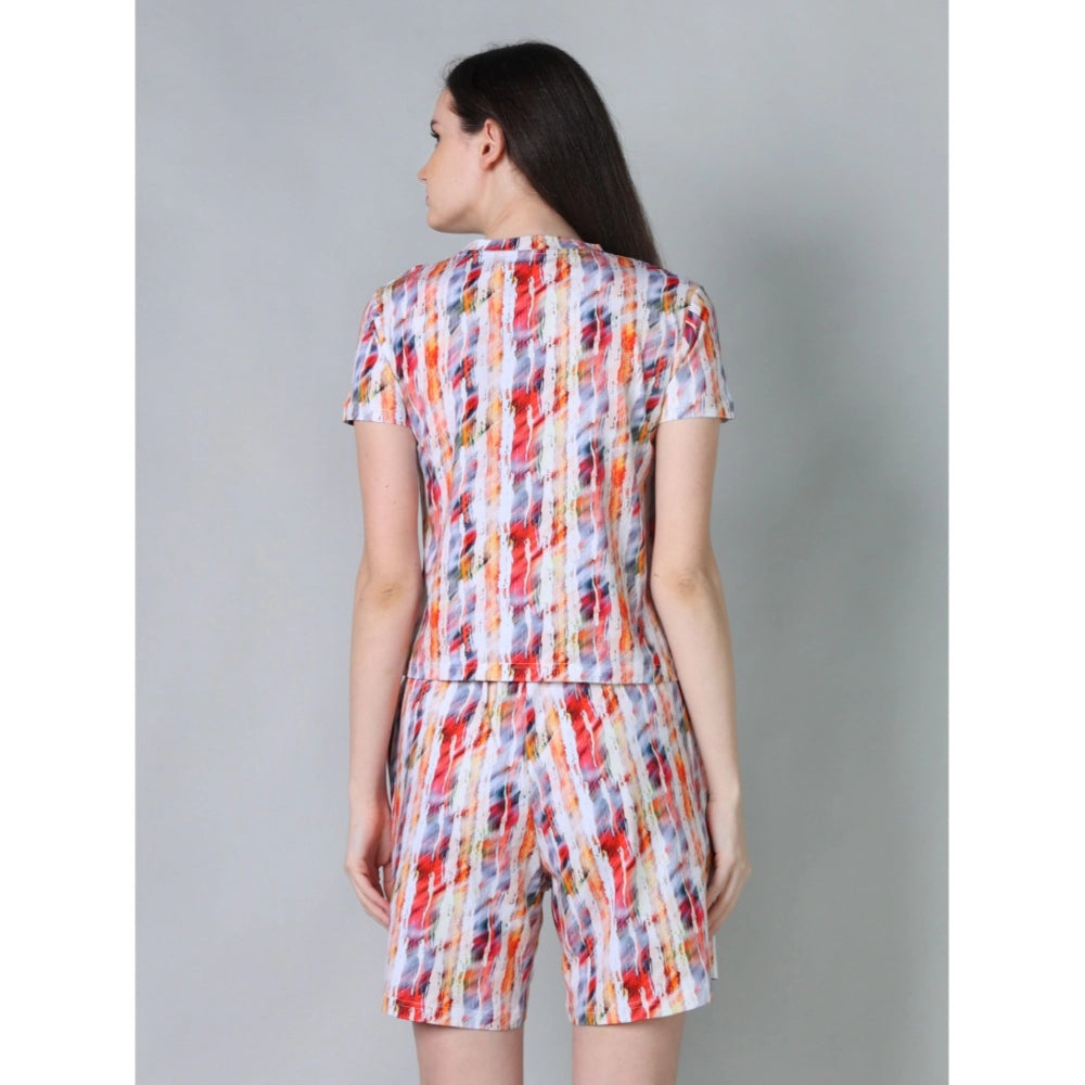 Women's Cotton Blended Printed Round Neck Half Sleeve Top - Shorts Set (Red)
