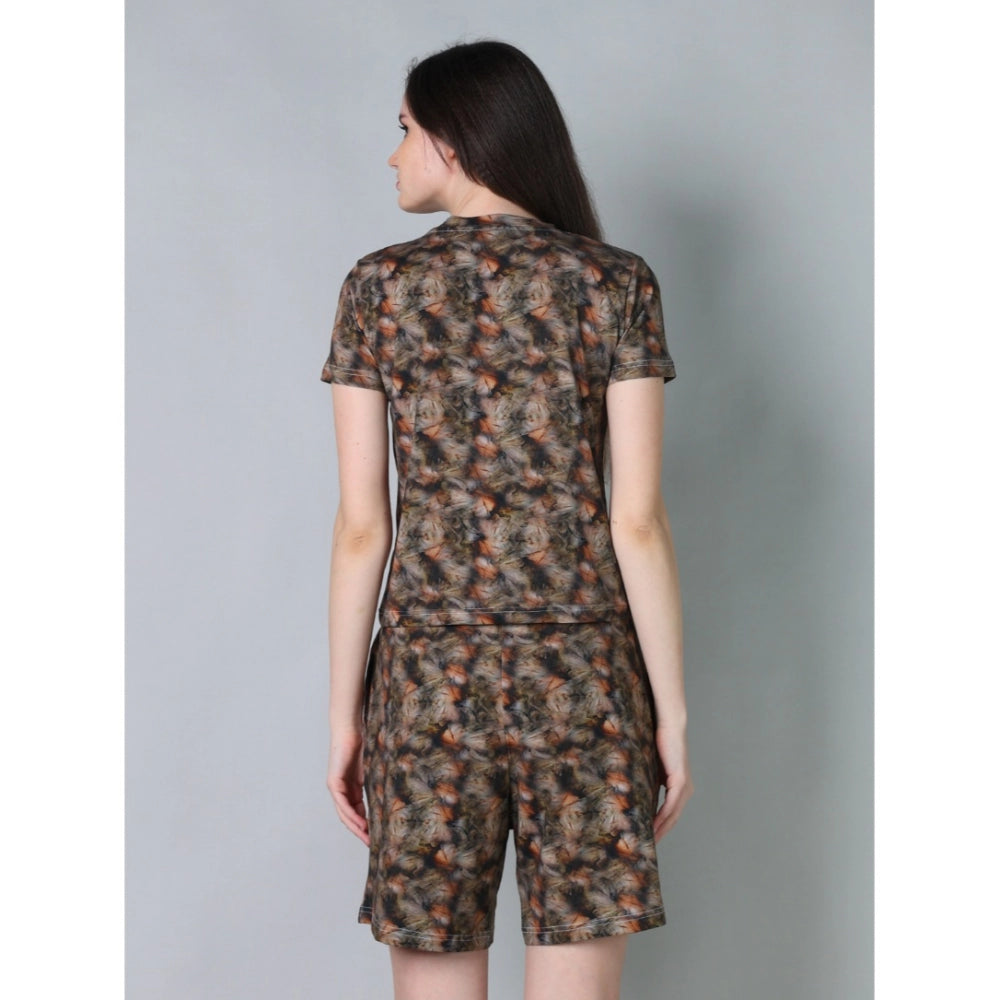 Women's Cotton Blended Printed Round Neck Half Sleeve Top - Shorts Set (Brown)