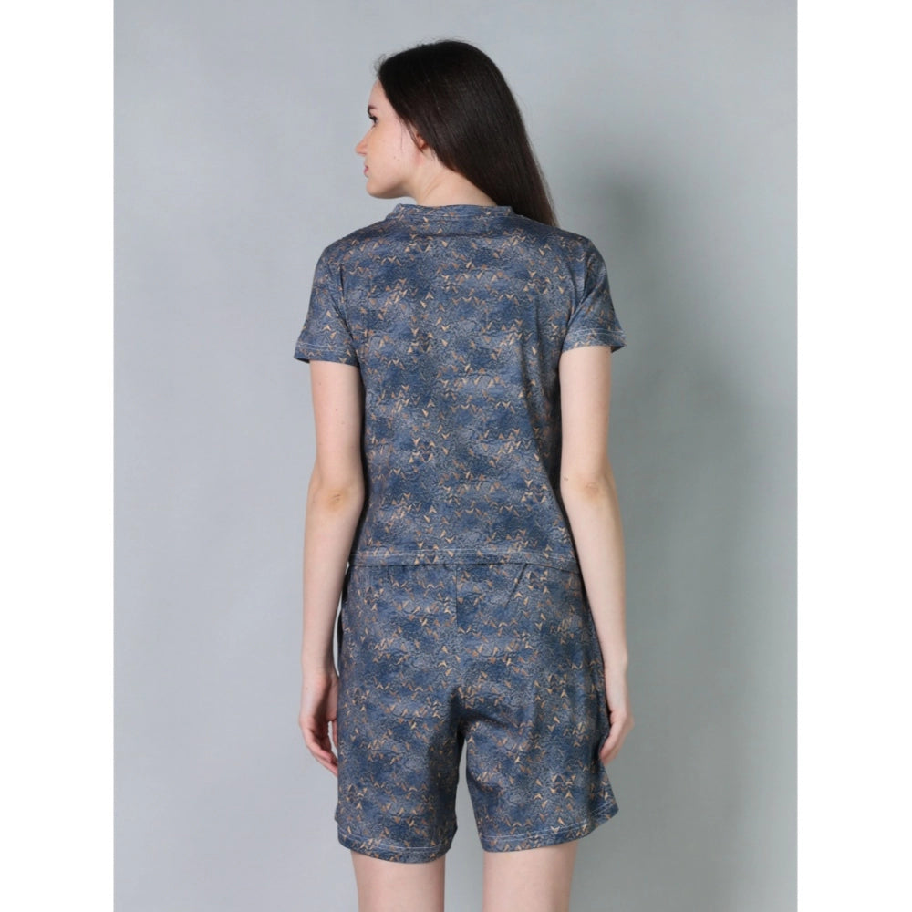 Women's Cotton Blended Printed Round Neck Half Sleeve Top - Shorts Set (Blue)