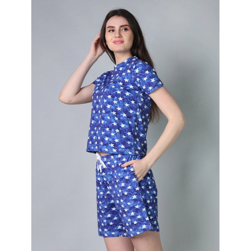 Women's Cotton Blended Printed Round Neck Half Sleeve Top - Shorts Set (Blue)