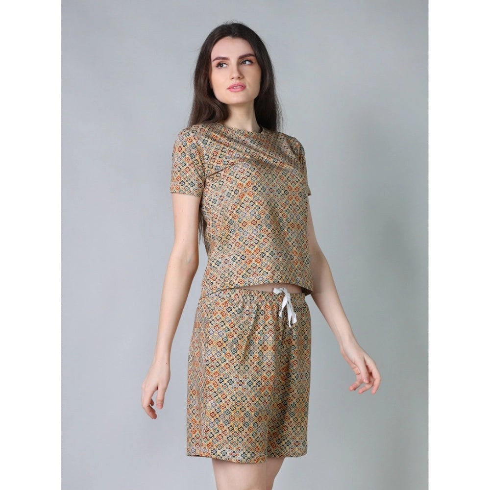 Women's Cotton Blended Printed Round Neck Half Sleeve Top - Shorts Set (Beige)