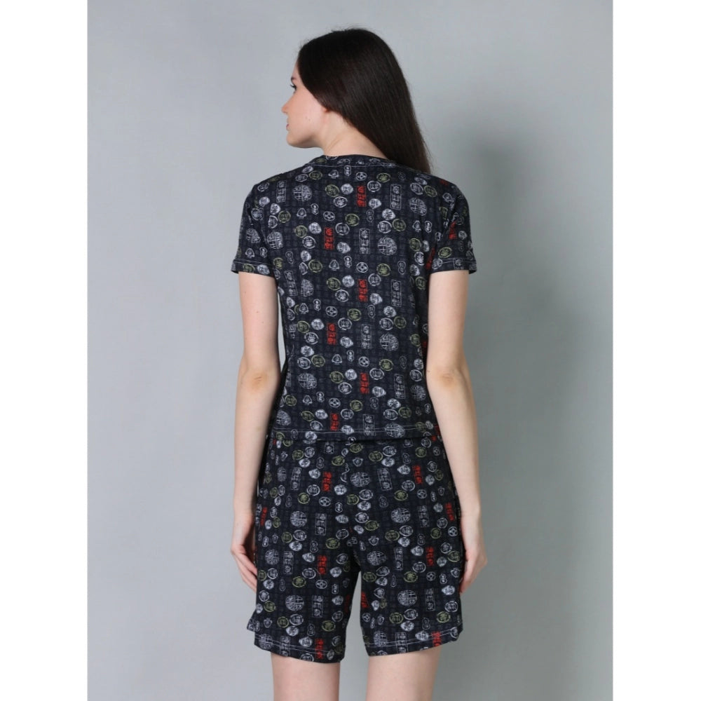 Women's Cotton Blended Printed Round Neck Half Sleeve Top - Shorts Set (Black)