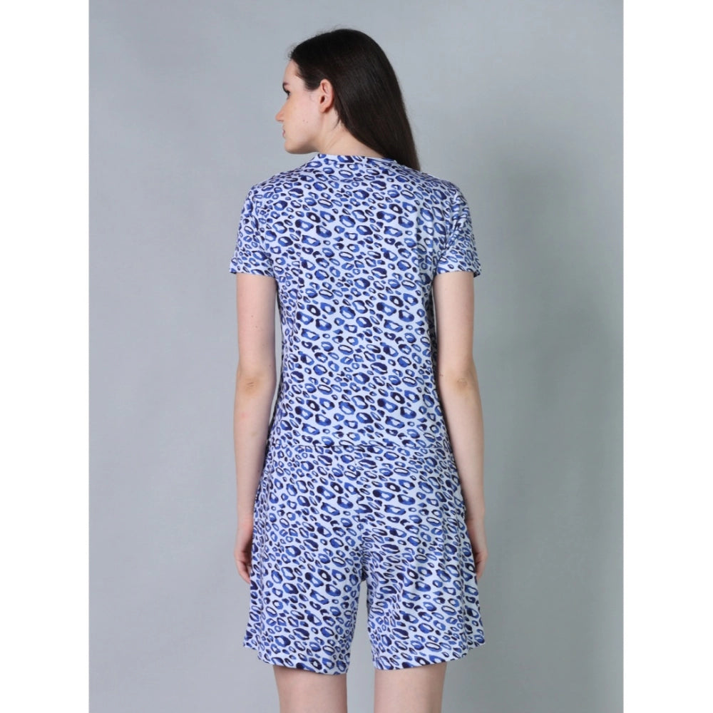 Women's Cotton Blended Printed Round Neck Half Sleeve Top - Shorts Set (Blue)