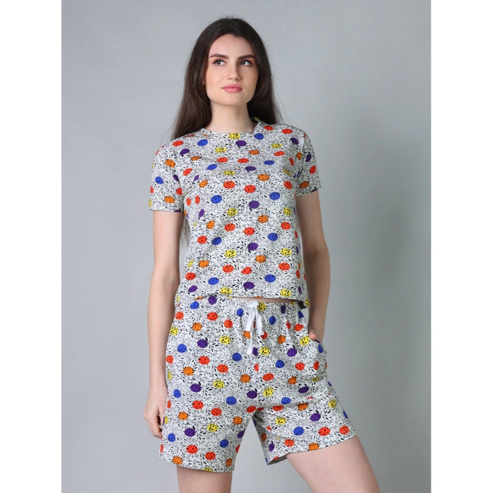 Women's Cotton Blended Printed Round Neck Half Sleeve Top - Shorts Set (Grey)