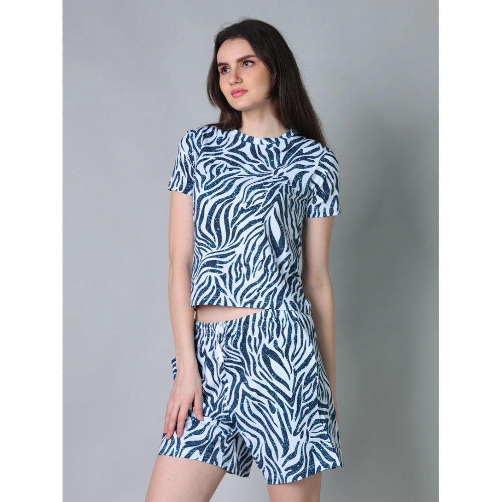 Women's Cotton Blended Printed Round Neck Half Sleeve Top - Shorts Set (Blue)