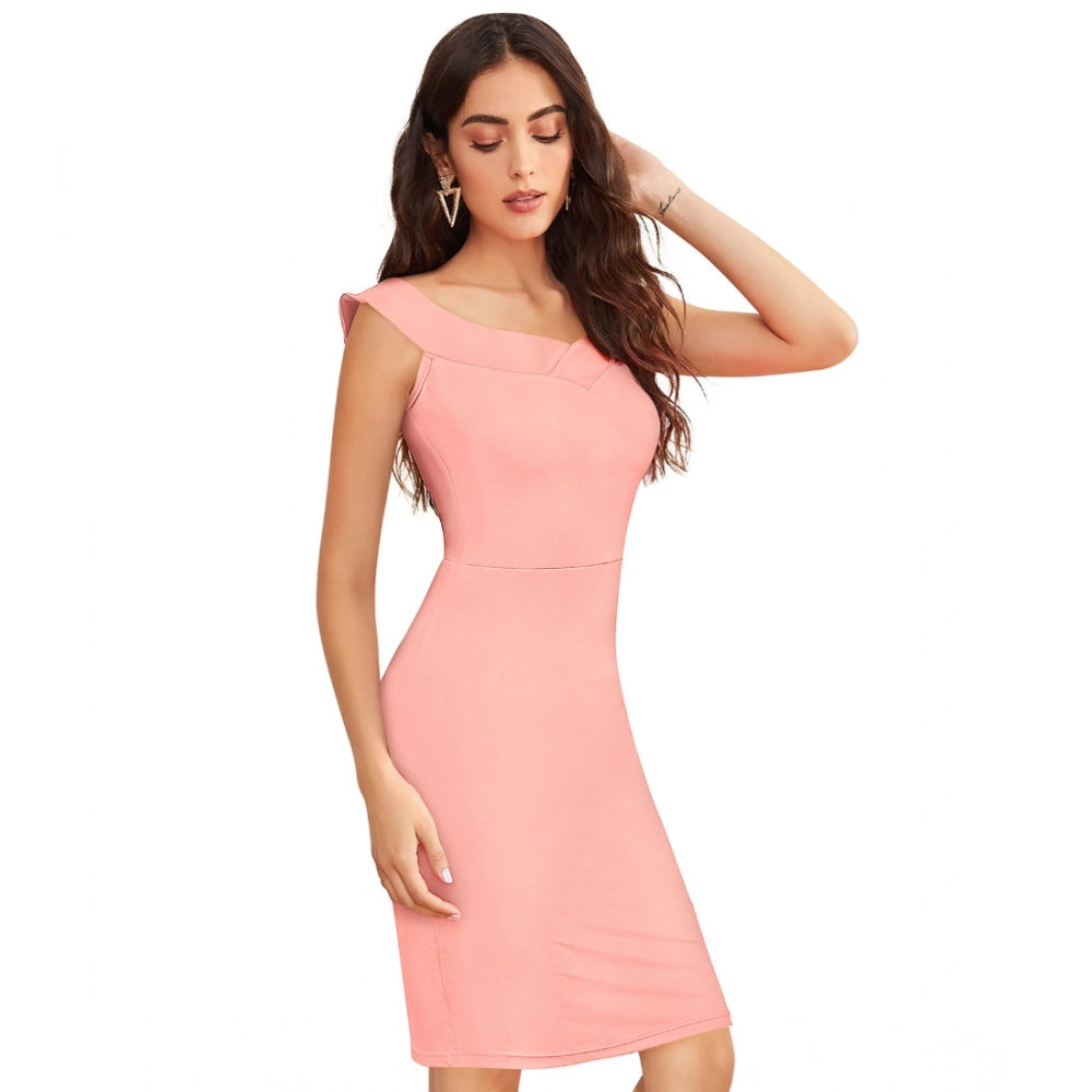 Women's Knitting stretchable Solid Round Neck Sleeveless Dress (Peach)