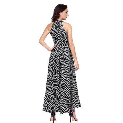 Women's Polyester Zebra Pattern Halter Neck Sleeveless Dress (Navy Blue)
